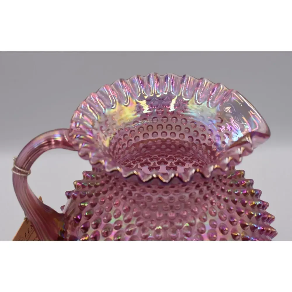 Vintage Fenton Hobnail Pink Opalescent Carnival Glass Art Crimped Top Pitcher